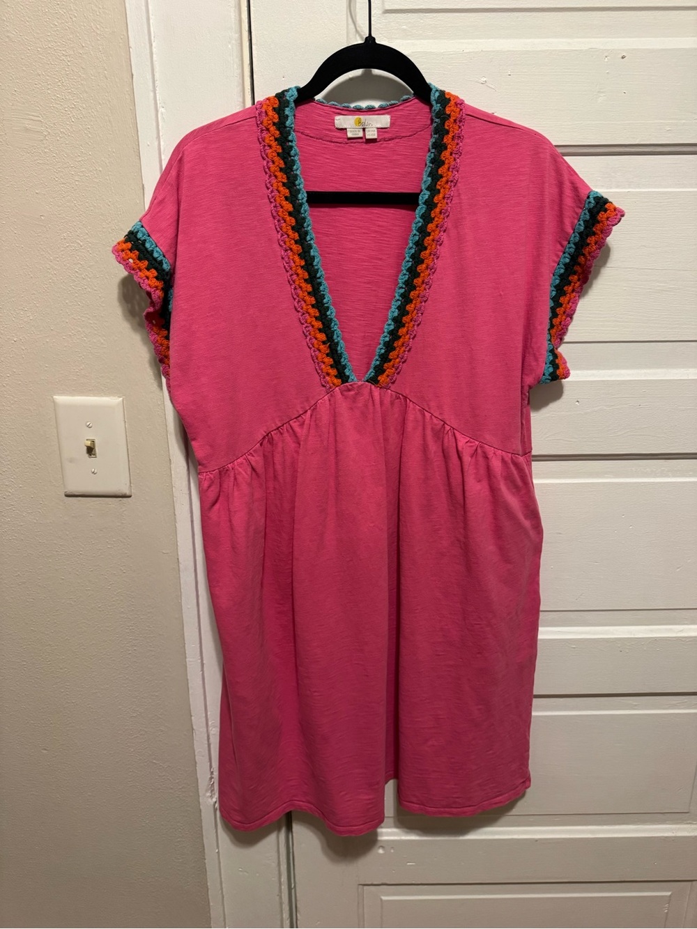 Boden Hot Pink Dress with Multicolor Crochet Trim
